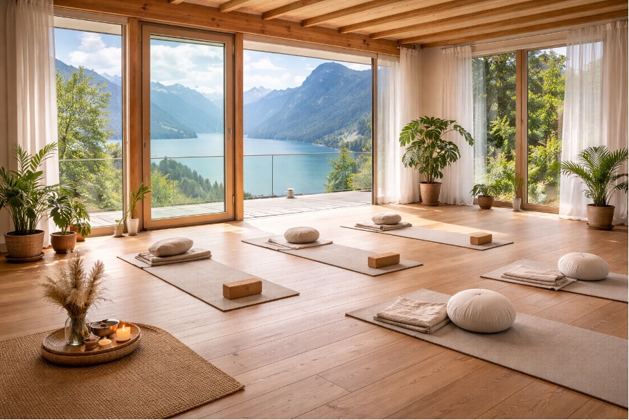 Heller Seminarraum mit Yogamatten und Bergblick